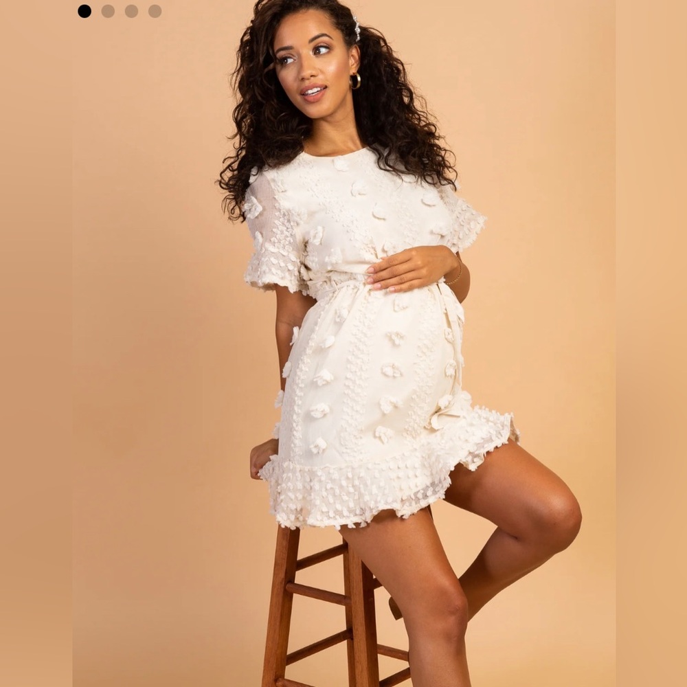 Cream Floral Applique Maternity Flounce Dress